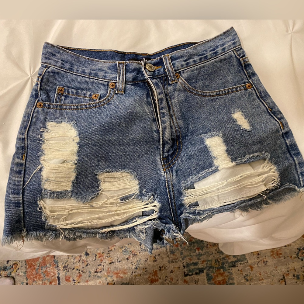 High waisted, ripped denim shorts